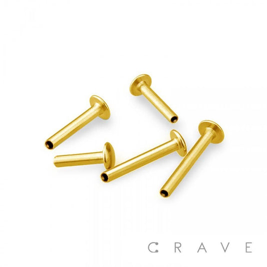 10PCS OF GOLD PLATED 316L SS THREADLESS PUSH IN LABRET FLAT: 18GA (1.0MM)-1/4" (6MM)-4MM DISK-GOLD/10PCS