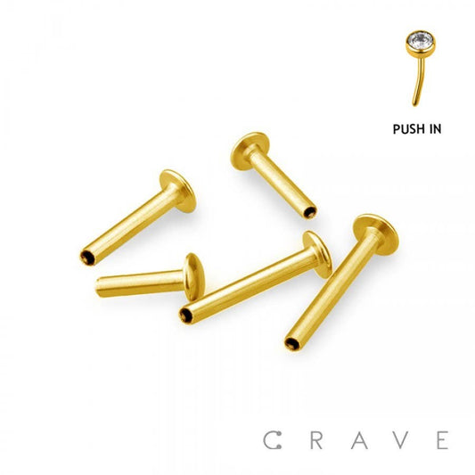 10PCS OF GOLD PLATED 316L SS THREADLESS PUSH IN LABRET FLAT: 18GA (1.0MM)-1/4" (6MM)-4MM DISK-GOLD/10PCS